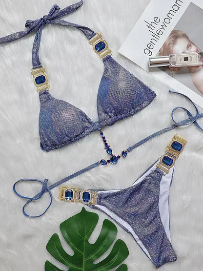 2026 Shiny Rhinestone Diamond Bikini Women Swimsuit Female Swimwear Two Pieces Bikini Set Halter Metal Chains Bathing Suit Swim
