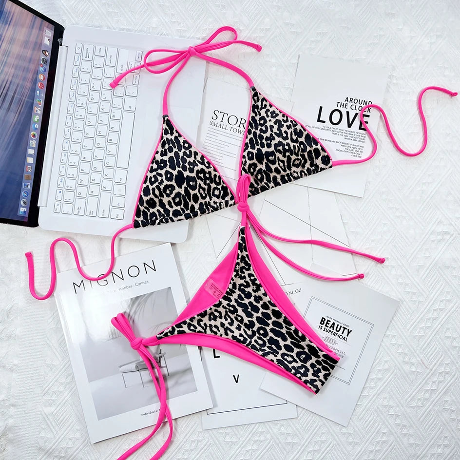 Sexy Leopard Micro Bikini 2025 Women Swimsuit Female Swimwear Thong Bikinis Set Brazilian Halter Beach Wear Lace Up Bathing Suit