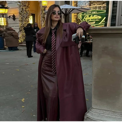 Street Pu Leather Women Long Coat Y2K Solid Belt Lapel Pocket Full Sleeve Female Jacket 2025 Autumn Winter Lady Outwear New