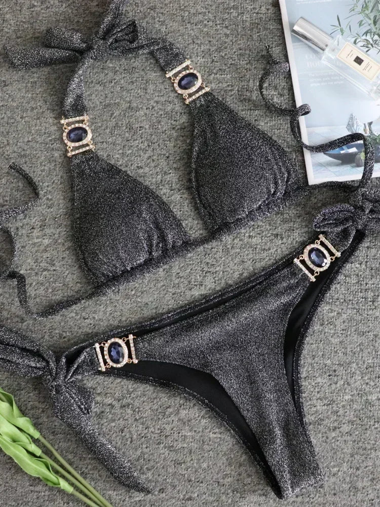2026 Shiny Rhinestone Diamond Bikini Women Swimsuit Female Swimwear Two Pieces Bikini Set Halter Metal Chains Bathing Suit Swim