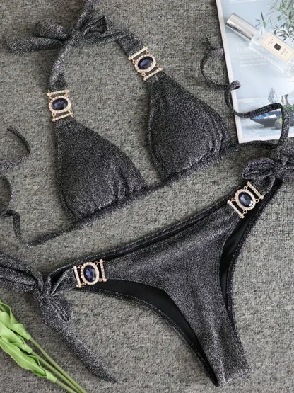 2026 Shiny Rhinestone Diamond Bikini Women Swimsuit Female Swimwear Two Pieces Bikini Set Halter Metal Chains Bathing Suit Swim