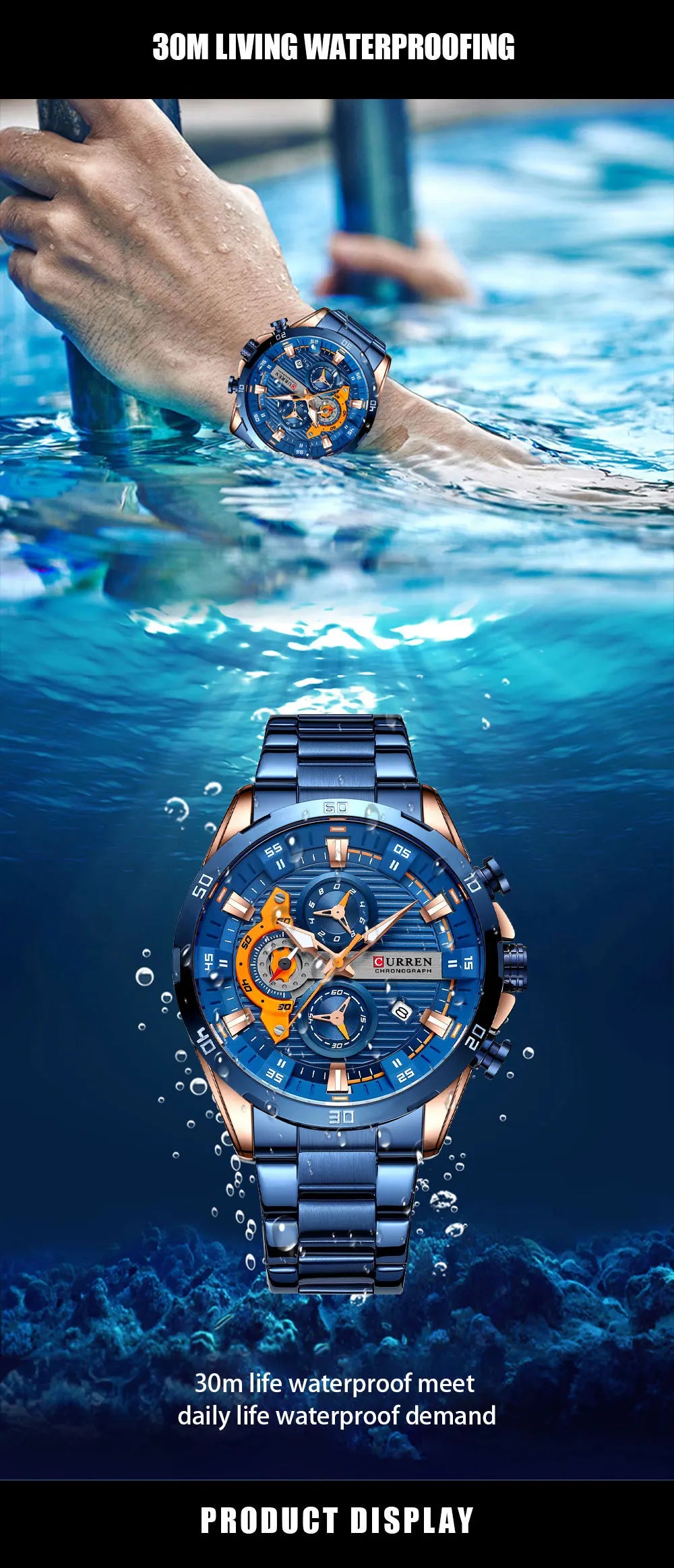 CURREN 8402 Creative Fashion Mens Business Casual Wristwatches Stainless Steel Luminous Dial Chronograph Clock