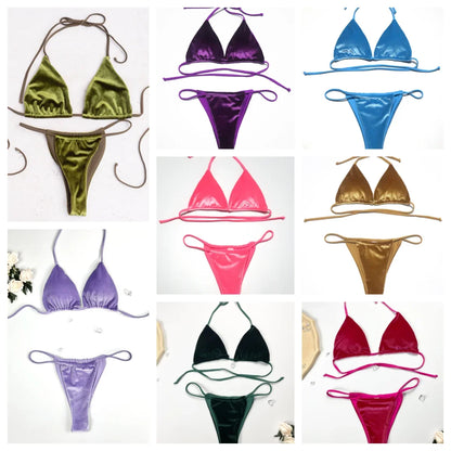 Sexy Velvet Swimsuit for Women, Micro Bikini Set, Thong Swim Suit, 2 Piece Bathing Suit for Ladies, Green String Bikini, 2022