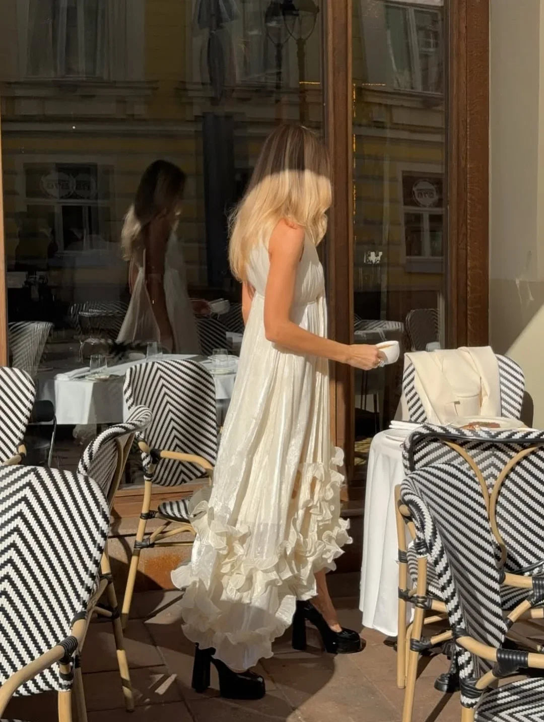 Elegant Ruffle V-neck Maxi Dress Women Chic Lapel Pleated Sleeveless High Waist Dresses Fashion 2025 Summer Lady Vacation Robes
