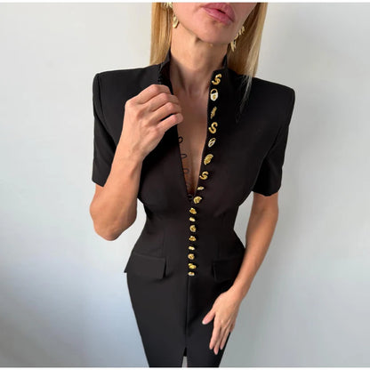 Women's High Neck Bodycon Midi Dress Short Sleeve Gold Button Split Hem Dresses 2026 Female Elegant Formal Evening Party Robe