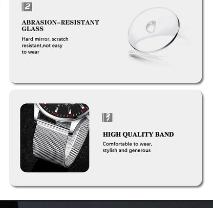 Mens Fashion Sports Watches Men Business Casual Quartz Wrist Watch Luxury Silvery Mesh Belt Watch