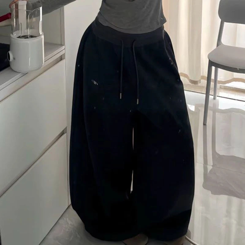 Oversize Cotton Woman Black Sweatpants Y2K Korean Streetwear Loose Casual Jogger Pants High Waist All Match Drawstring Trousers