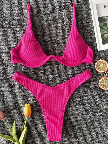 Sexy Neon V-bar Underwired Bikini 2025 Female Ribbed Swimsuit Women Thong Swimwear Two-pieces Bikini set Push up Bathing Suit