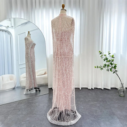 Sharon Said Luxury Pearls Dubai Champagne Evening Dresses with Cape New Arabic Women Mermaid Wedding Party Prom Dress SS369