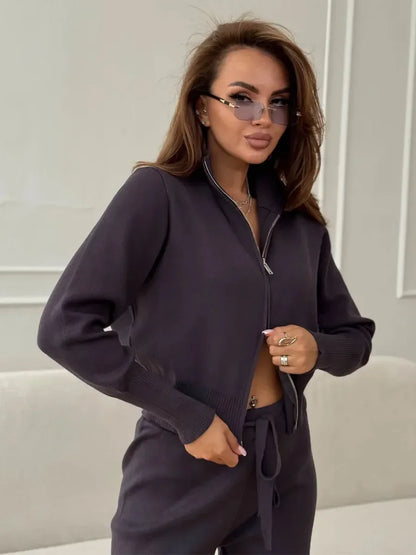 Blubelle Women's New Autumn Winter Zip Up Knit Set Trendy Slim Fit Cardigan Pants Chic Commuting Sweater Outfit
