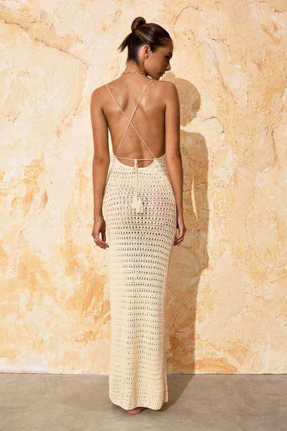 Sexy Knit Cut Out Tassel Spaghetti Strap Bodycon Beach Maxi Dress Summer Women's Holiday Club Party Outfit Swimsuit Cover Up K10