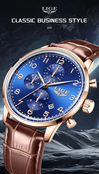 LIGE Casual Sports Watches For Men Fashion Business Leather Waterproof Quartz Men Watch Top Brand Luxury Military Chronograph