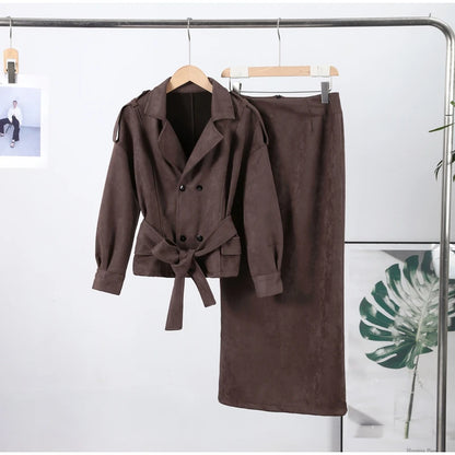 Women's Faux Suede Cropped Trench Coat Jacket Belted Notched Lapel Lace-up Retro Chic Outerwear Spring New High Street Outfit