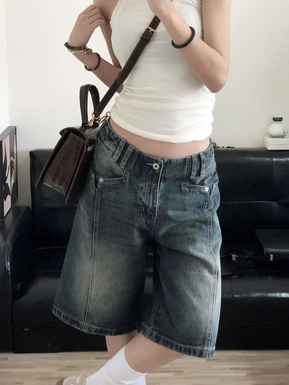 American Retro Blue Denim Shorts Women Korean Style High Waist Biker  Jeans Feminino 2026 Summer Chic Streetwear
