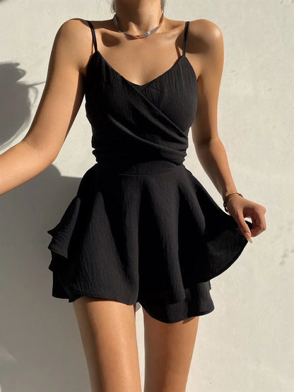 Slim Suspender Strap Sexy Dresses Y2k Solid Ruffles Rompers Summer Casual Threaded Slip Playsuits Female Elegant Clothes
