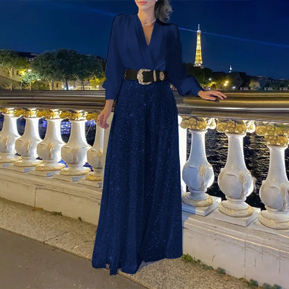 TARUXY Splice Sequins Maxi Dresses For Women Fashion Folds Loose V Neck Elegant Dress Femme Party Evening Dresses Luxury 2023