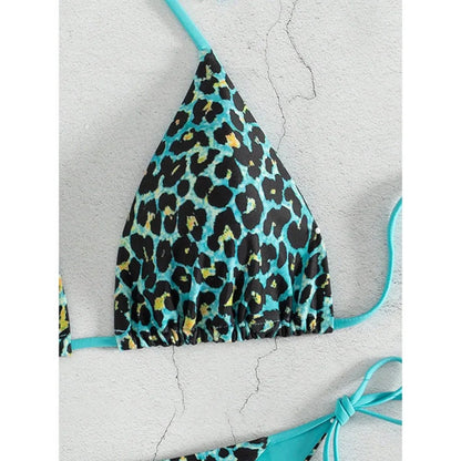 Sexy Leopard Print Two Piece Swimsuit Set Triangle Bra Suspender Halter Backless Bikini Set Beach Vacation Lace-up Swimwear 2025