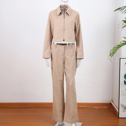 Casual Coats Pants Sets Women'S Turn-down Collar Long Sleeve Zippers Tops High Waist  Trousers 2026 Spring New Lady Chic Suit
