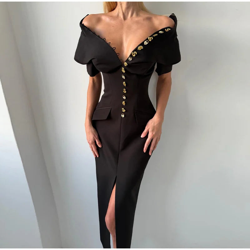 Women's High Neck Bodycon Midi Dress Short Sleeve Gold Button Split Hem Dresses 2026 Female Elegant Formal Evening Party Robe
