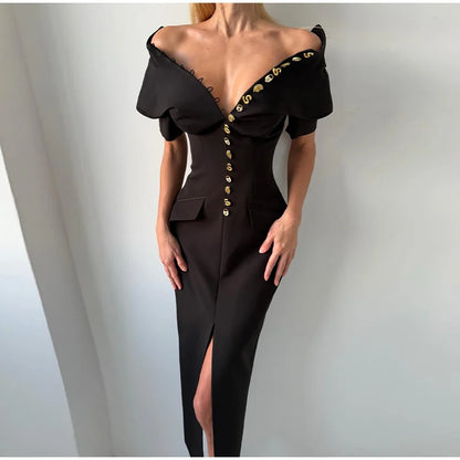 Women's High Neck Bodycon Midi Dress Short Sleeve Gold Button Split Hem Dresses 2026 Female Elegant Formal Evening Party Robe