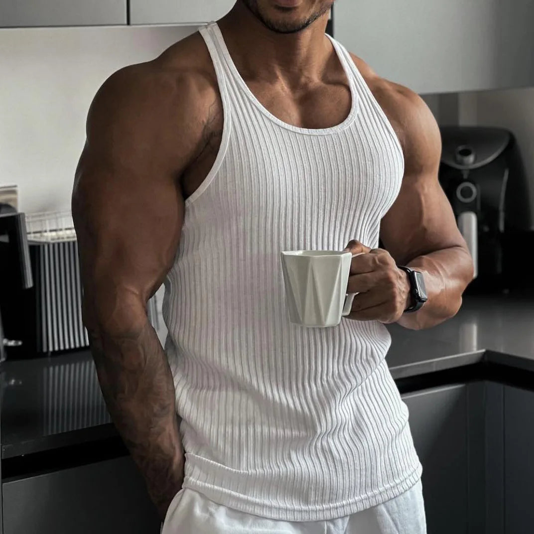 Fitness Sports Vest Large Size Men's Sleeveless Summer Knitted Vertical StripeLeisure Slim Men's Vest Men's L-Line Vest Men's