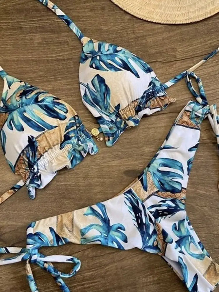 RUOTONGSEPT Sexy Micro Bikinis Set 2024 New Swimsuit Women Feather Print Bandage Swimwear Female Bathing Suit Brazilian Biquinis