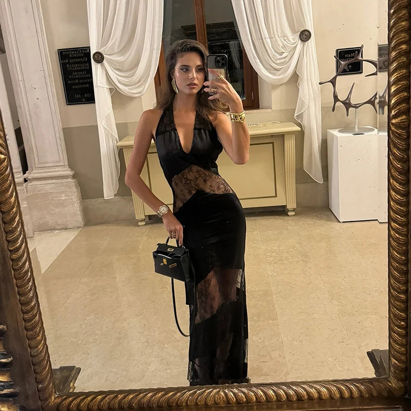 Elegant Lace Spliced Halter Long Dress Women Sexy Backless See Through Female Party Dresses 2025 Summer Lady Chic Evening Gowns