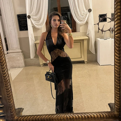 Elegant Lace Spliced Halter Long Dress Women Sexy Backless See Through Female Party Dresses 2025 Summer Lady Chic Evening Gowns
