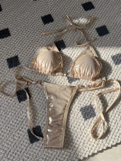 Shiny Pink Micro Bikini 2026 Mujer Women Sexy PU Pearls Push Up Thong Swimsuit Summer Bathing Suit Bandage Holiday Swimwear