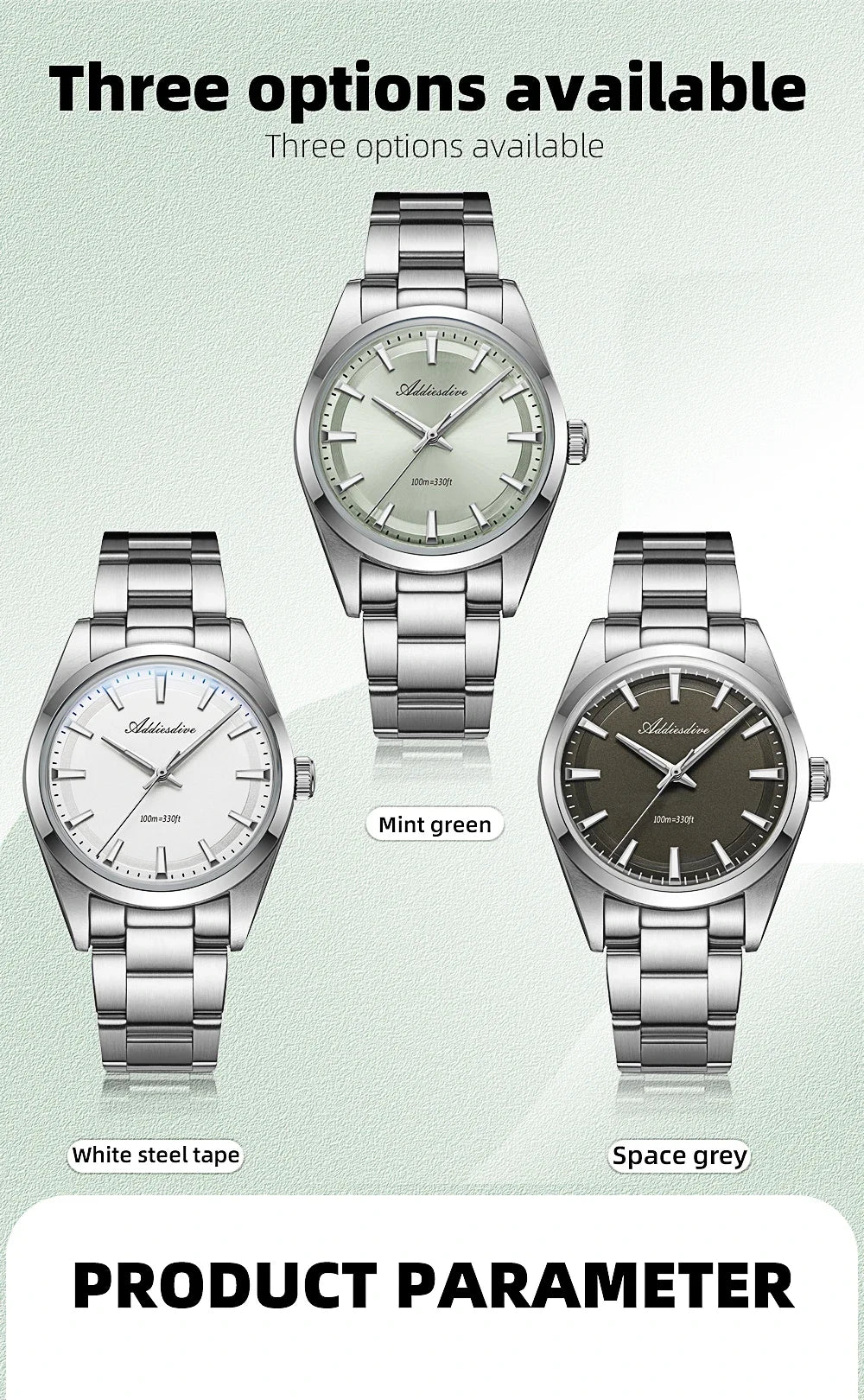 ADDIESDIVE Hot Sale AD2066 Mens Watch 36mm Bubble Mirror Glass Mint Green Quartz Watches Waterproof Luxury Stainless Steel Clock
