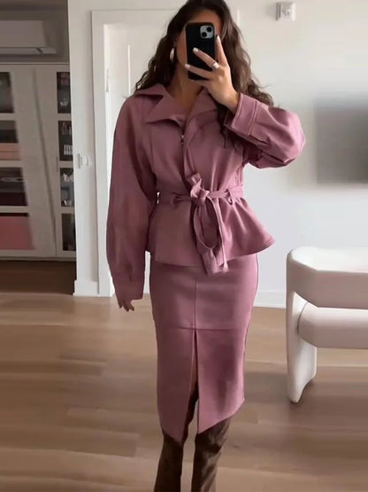 Women's Faux Suede Cropped Trench Coat Jacket Belted Notched Lapel Lace-up Retro Chic Outerwear Spring New High Street Outfit