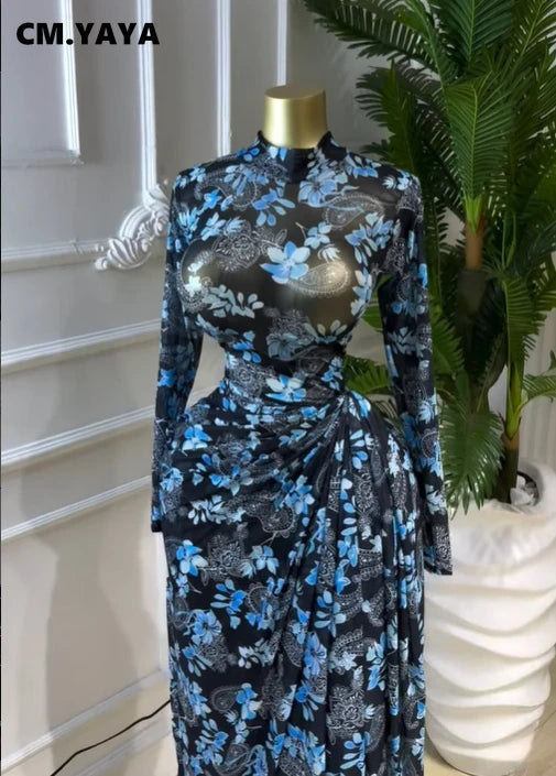 CM.YAYA Women Floral Print O-neck Ruched Bodycon Long Maxi Dress 2026 summer Evening Birthday Club Party Vestidos Sexy Dresses
