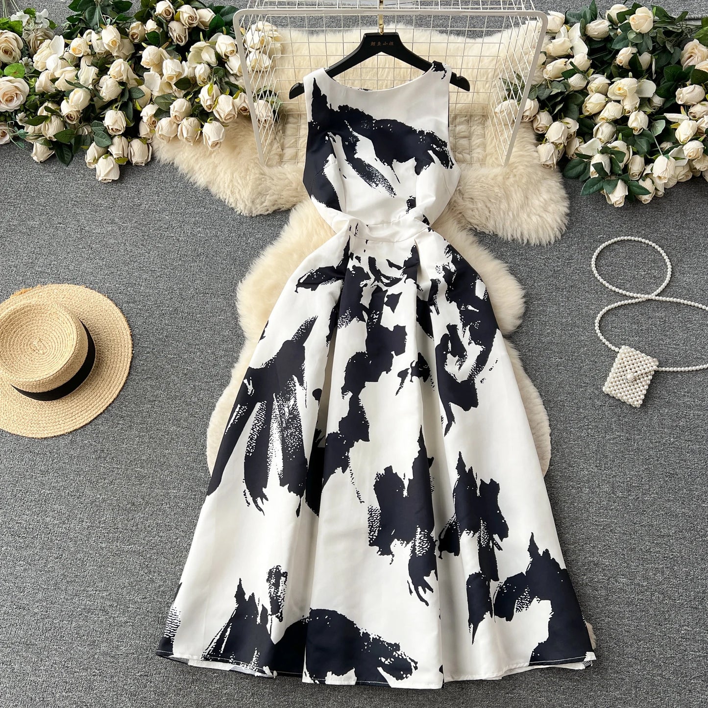 French Elegant Floral Dress Women Retro Round Neck Sleeveless Print Party Dresses Summer Slim A-line Vintage Long Robe Vestidos