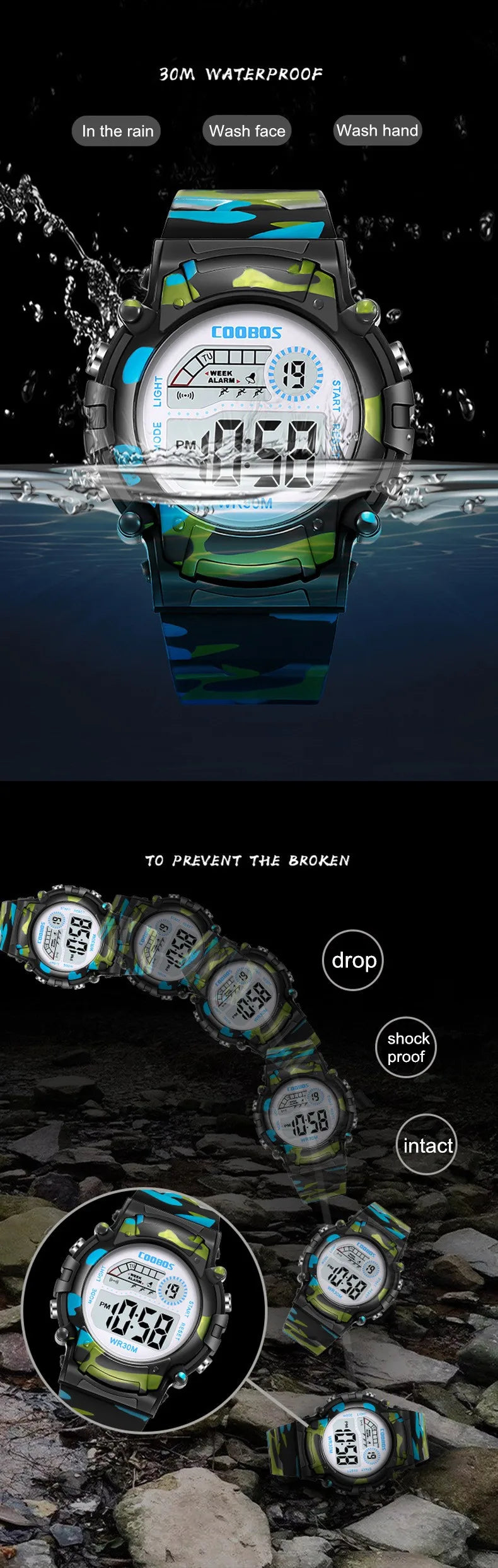 COOBOS Kids Watch Camouflage Sports Electronic Digital Watch Waterproof Multi-function LED Watch For Boys Girls Children Watch