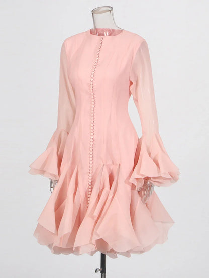 VGH Sweet Ruffles Elegant Knee Length Dresses for Women Round Neck Flare Sleeve High Waist Spliced Button  A Line Dress Female