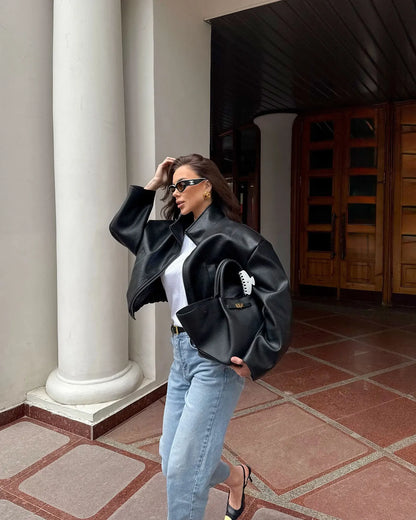 Women's 2025 Fall Winter Black PU Leather Jacket Oversized Commuter Style PU Leather Jacket for Women Office Wear Coat