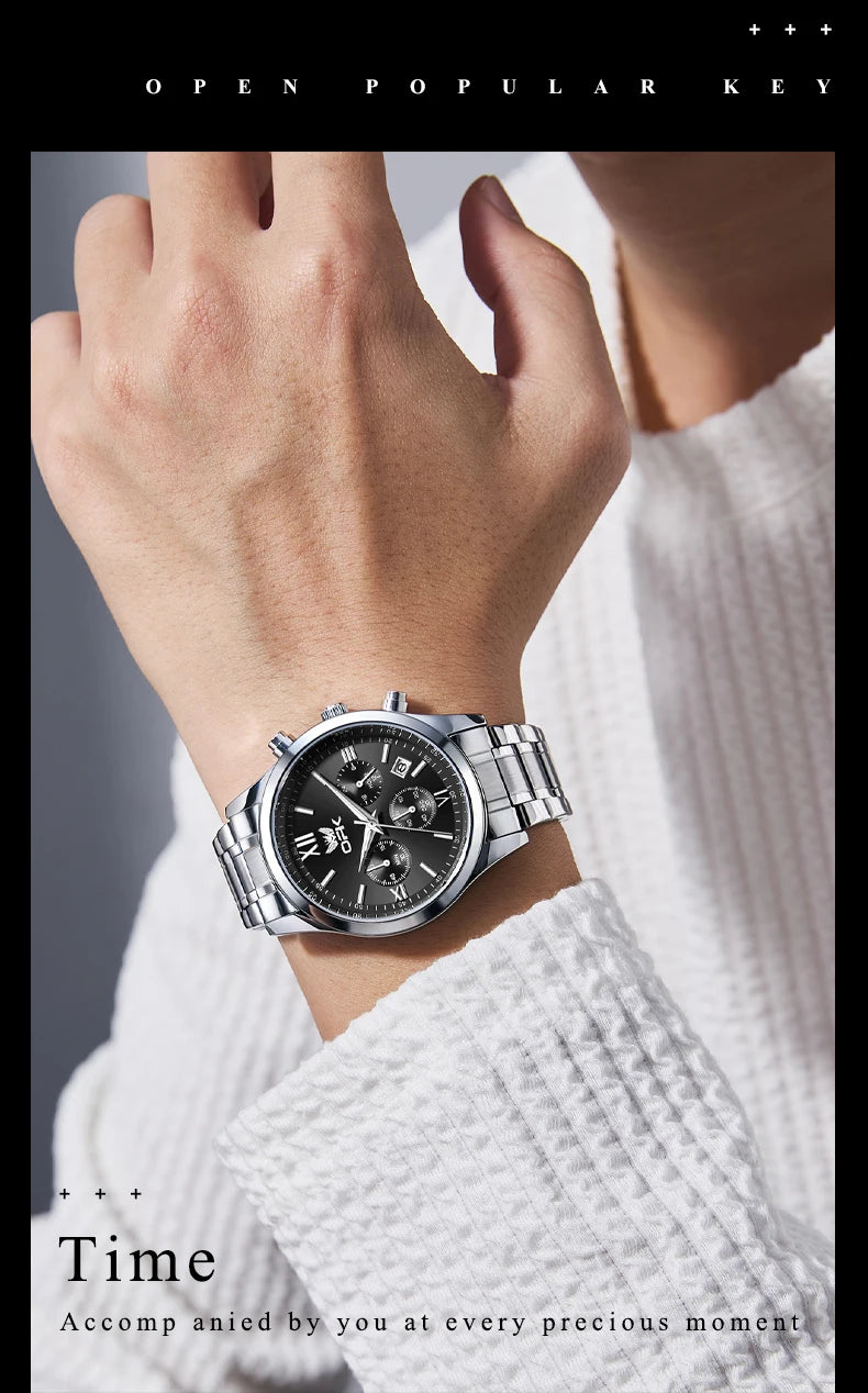 OPK 6052 Chronograph Quartz Wristwatch Original Steel Strap Waterproof Luminous Calendar Fashion Elegant Men's Business Watches