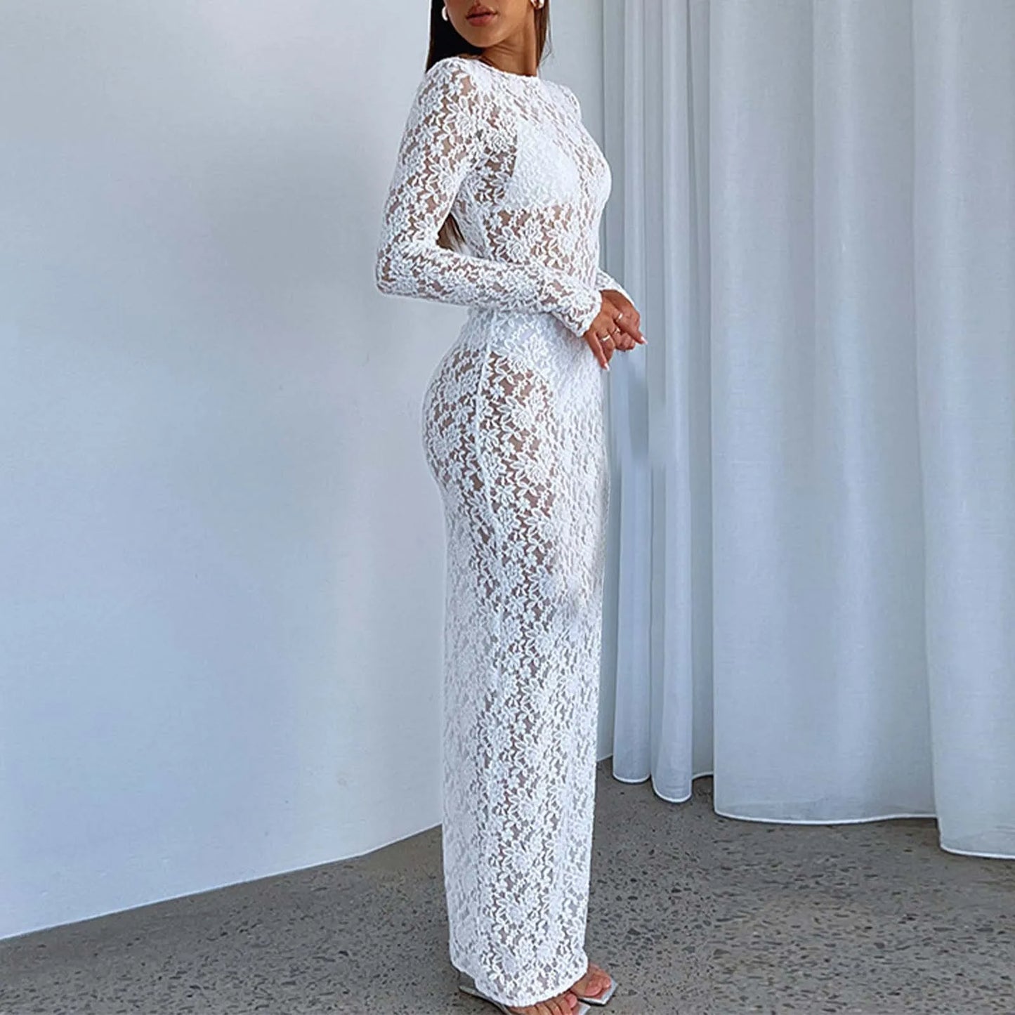 Sexy Women'S Summer O-Neck Long Sleeve Hollow Out White Lace Dress Streetwear Elegant See-Through Bodycon Black Party Dresses