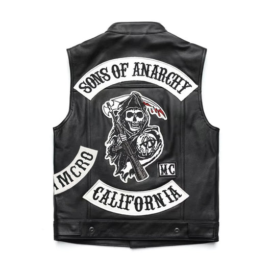 Men Motorcycle Spring Jackets SOA Punk Black Motorbike Gilet Sons of Anarchy Leather Moto Jacket Vest