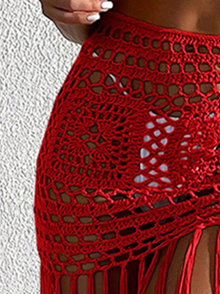 Crochet Tassel Bikini Cover Up Dress Beach Wear Women Tie Up Bather Bathing Suit Tassel Long Skirt Swimsuit Cover Up Beach Dress