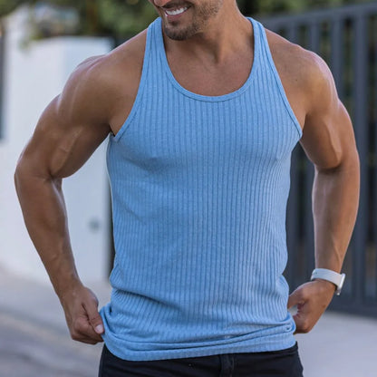 Fitness Sports Vest Large Size Men's Sleeveless Summer Knitted Vertical StripeLeisure Slim Men's Vest Men's L-Line Vest Men's