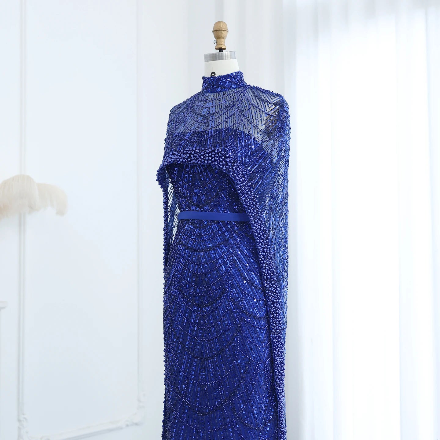 Sharon Said Luxury Pearls Dubai Champagne Evening Dresses with Cape New Arabic Women Mermaid Wedding Party Prom Dress SS369