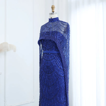 Sharon Said Luxury Pearls Dubai Champagne Evening Dresses with Cape New Arabic Women Mermaid Wedding Party Prom Dress SS369