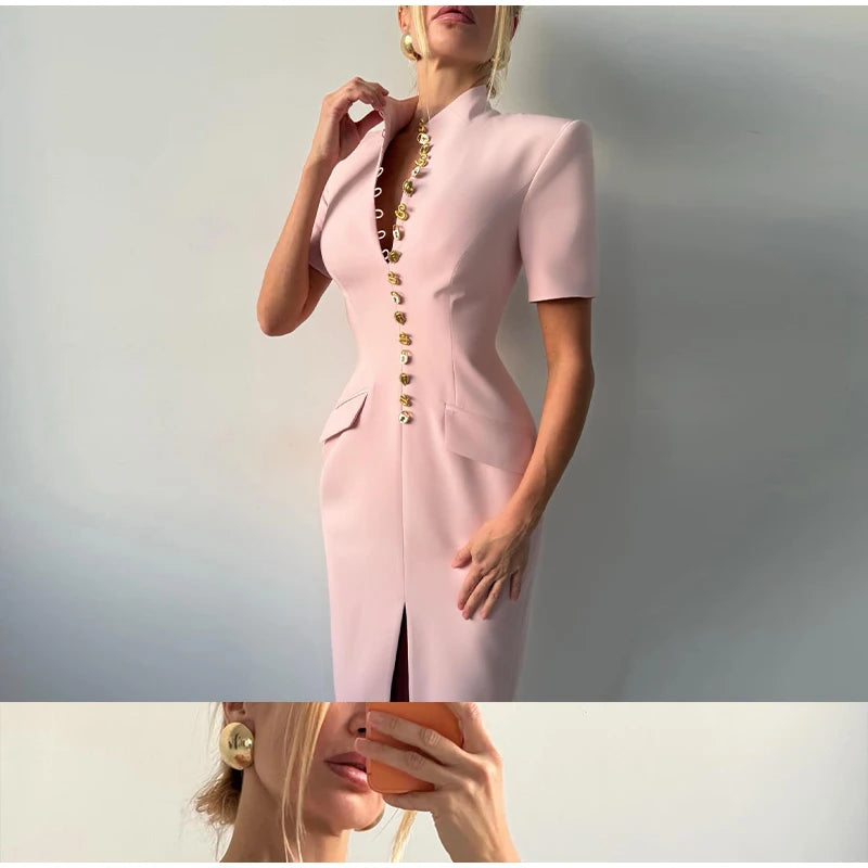 Women's High Neck Bodycon Midi Dress Short Sleeve Gold Button Split Hem Dresses 2026 Female Elegant Formal Evening Party Robe
