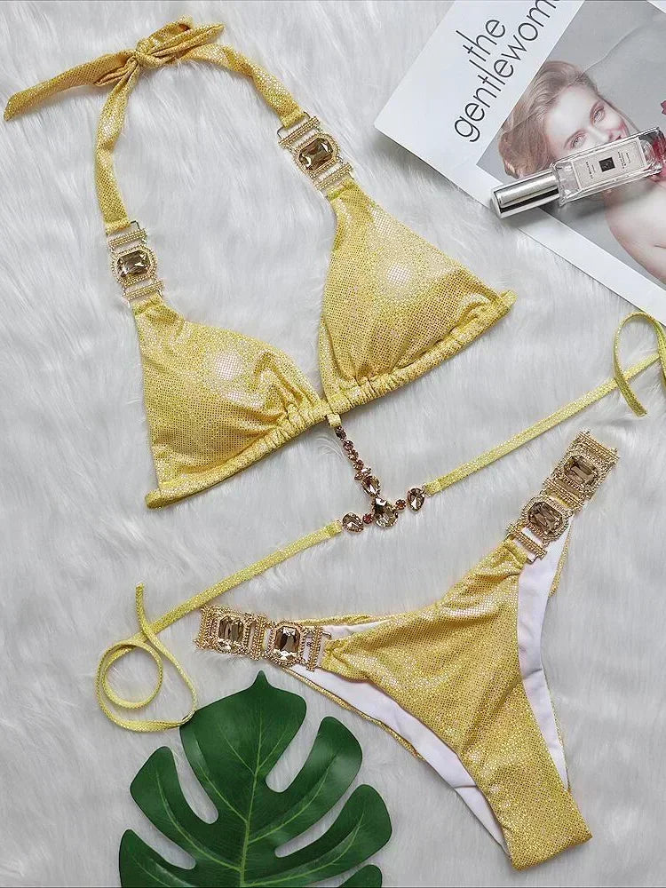 2026 Shiny Rhinestone Diamond Bikini Women Swimsuit Female Swimwear Two Pieces Bikini Set Halter Metal Chains Bathing Suit Swim