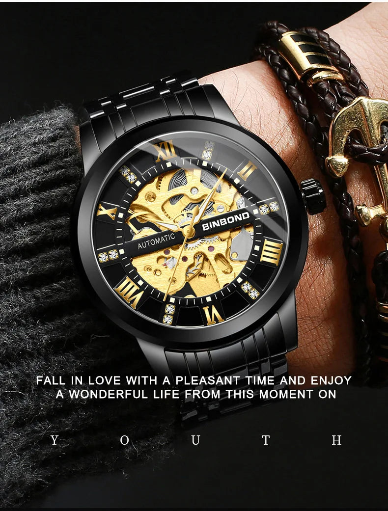 Bindond Mens Automatic Mechanical Watches Top Brand Luxury Stainless Steel Waterproof Hollow Male Wristwatches Relogio Masculino