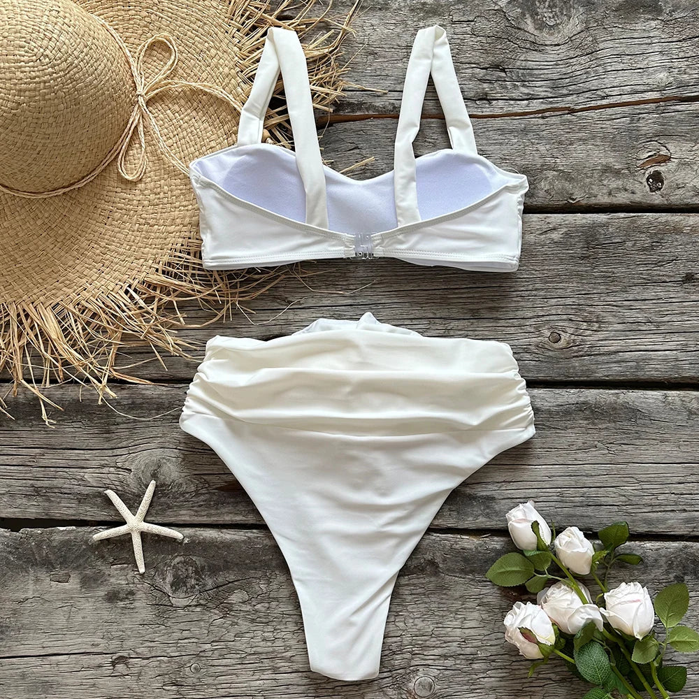 Two-Pieces Women Floral Lace Up 2023 Push-Up Padded Bra White Bikini Set Swimsuit Swimwear Bathing Suit Beachwear Biquini