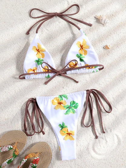 Mini Bowknot Bikinis Set for Women Patchwork Swimsuit Summer Beach Wear brown Thong Swimwear Swimming Bathing Suit 2025