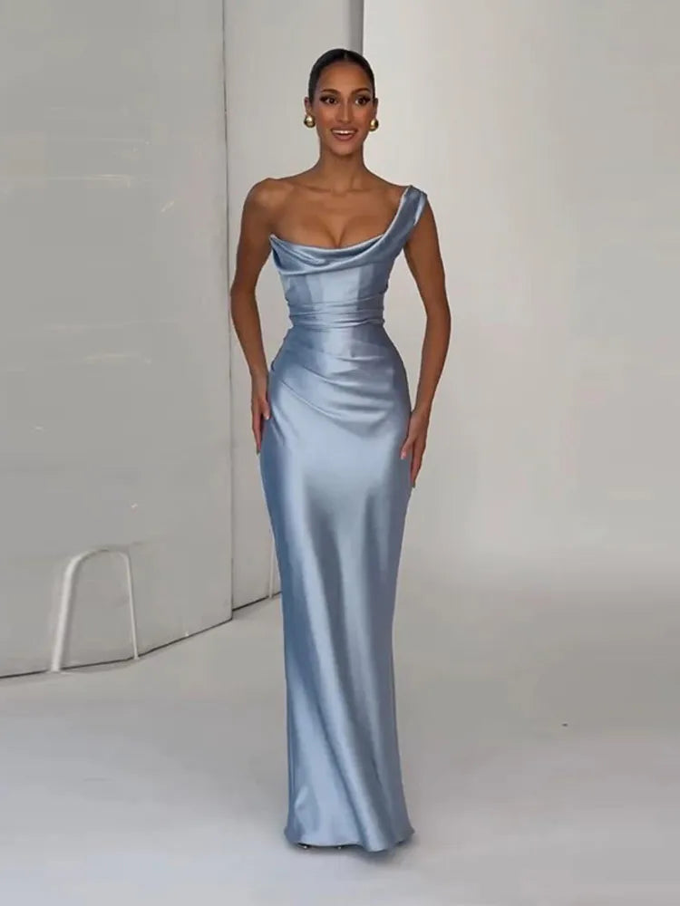 One Shoulder Satin Women 's Maxi Dress Cowl Neck Ruched Waist Bodycon Dresses 2026 Summer Woman Formal Evening Party Vestidos