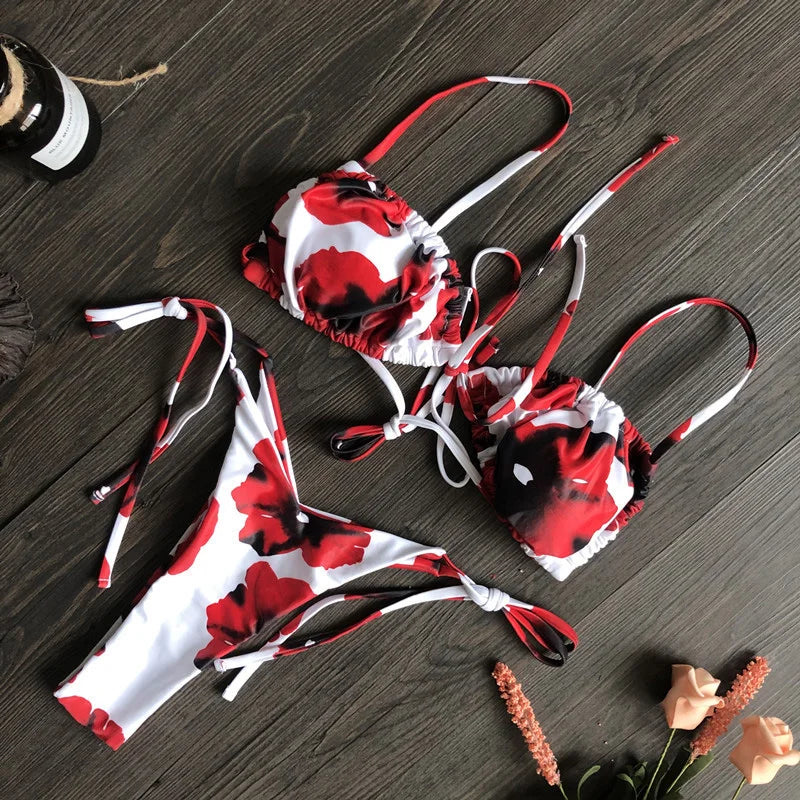 BIQIUYYI Brazilian Sexy Micro Mini Thong Bikini Set Summer Bandage Swimsuit Women Pleated Bathing Suit Beachwear Halter Biqiuni